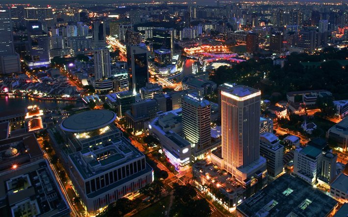 skyskrapor, natt, byggnader, panorama view, singapore, lampor, street, byggnad, staden