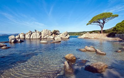 beach, sunny, stones, palombaggia, shore, coast, landscape