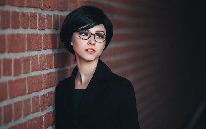 brunette, model, brick, women, ivan proskurin, glasses, wall, hort hair