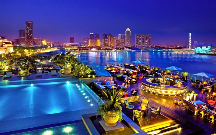 valot, azure bay, katolla, singapore, v&#228;rik&#228;s, outlook, y&#246;, horisontti, kaupunki, maali