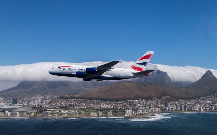 airbus a380, city, sky, 861, plane, cape town, aviation