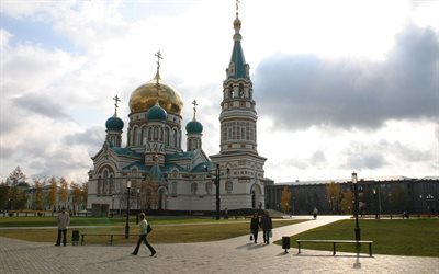 architecture, church, omsk, sidewalk, russia