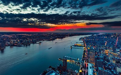 panorama, usa, glow, city, new york, sky