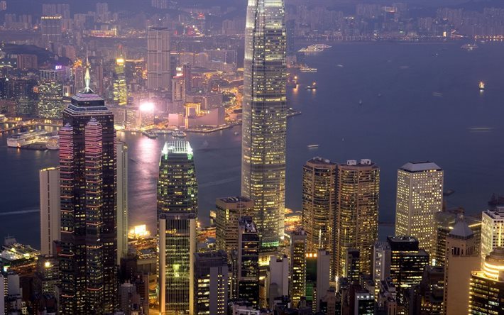 建築, 中国, 香港, 都市, 夜, 灯り, 高層ビル群, アジア