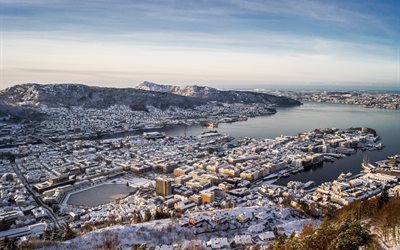 norway, buildings, city, view from top, bergen, building, winter, snow