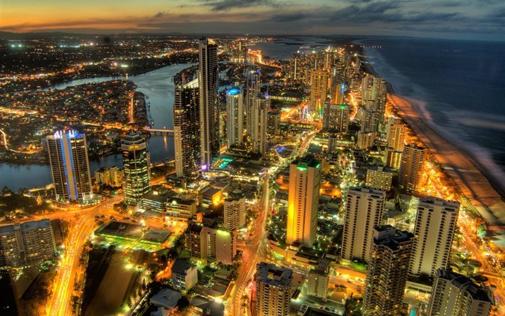 gold coast, avustralya, gece, queensland, şehir, ışıklar, g&#246;kdelenler