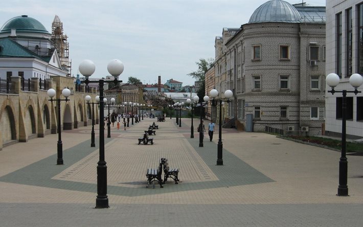 sidewalk, city, lantern, kazan, tatarstan