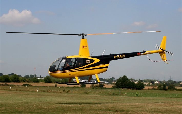 多目的, ロビンソン, ヘリコプター, r44, 簡単に, 黄色, 飛行, 民間航空, ロビンソンヘリコプター