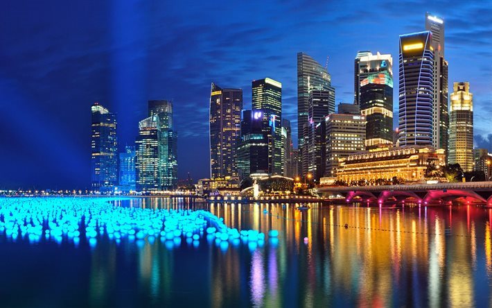 marina bay, singapore, kaupunki, port, panorama, y&#246;, pilvenpiirt&#228;ji&#228;