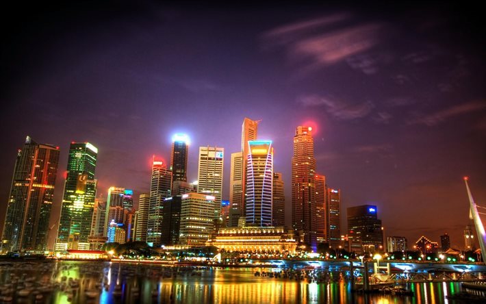 arkitektur, skyline, lampor, natt, staden, byggnad, singapore, byggnader