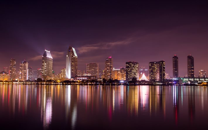 san diego, usa, lampor, staten, panorama, skyskrapor, ca, staden, natt, byggnader