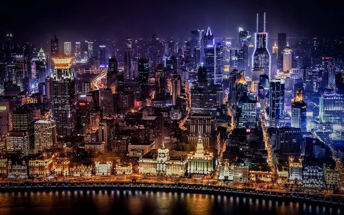port, lights, shanghai, night, skyscrapers, city