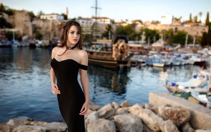 bare shoulders, girl, ship, rocks, black dress, looking away, port, brunette