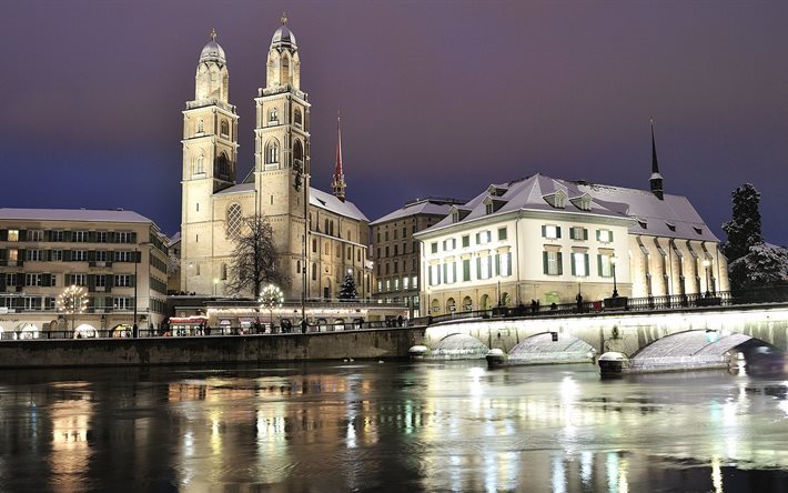 lights, zurich, street, city, switzerland, night, bridges, rivers, houses, architecture