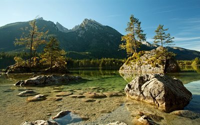 lake, nature, trees, stones, water, mountains, landscape