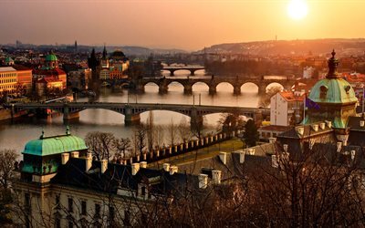 rivers, prague, cityscapes, town, bridge, old, flag, flags, river, city, czech republic, history