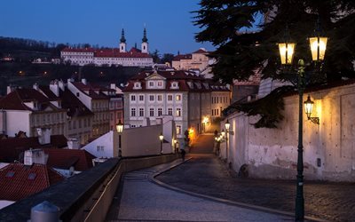 buildings, prague, night, bridge, czech republic, street, city
