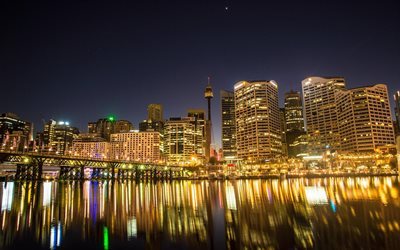 stadt, australien, darling harbour, sydney, nacht, hafen