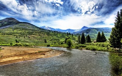 mountains, trees, landscape, hdr, nature, river, sky