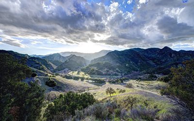 clouds, mountains, morning, valley, landscape, nature, trees