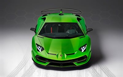 Lamborghini Aventador SVJ, 2018, 4k, supercar, front view, bright green Aventador, tuning, Italian sports cars, Lamborghini