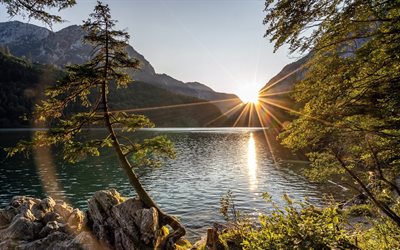 Austria, monta&#241;as, sunlights, lago, bosque, Alpes, Europa