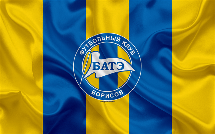 FC BATE Borisov, 4k, silk texture, logo, Belarusian football club, yellow blue silk flag, fabric art, Belarusian Premier League, Borisov, Belarus, football, creative art