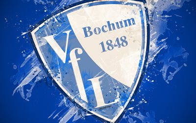 VfL Bochum, 4k, peinture d&#39;art, le logo, la cr&#233;ativit&#233;, l&#39;allemand de l&#39;&#233;quipe de football, de la Bundesliga 2, embl&#232;me, fond bleu, style grunge, &#224; Bochum, en Allemagne, le football