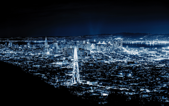San Francisco, 4k, panorama, nightscapes, USA, Amerikassa, y&#246;ll&#228; valot