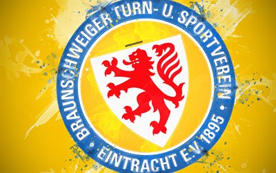 Eintracht Braunschweig, 4k, paint taidetta, logo, luova, Saksan jalkapallon joukkue, Bundesliga 2, tunnus, keltainen tausta, grunge-tyyliin, Eintracht, Saksa, jalkapallo, Eintracht FC
