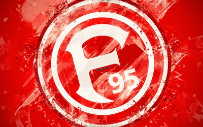 Fortuna Dusseldorf FC, 4k, peinture d&#39;art, le logo, la cr&#233;ativit&#233;, l&#39;allemand de l&#39;&#233;quipe de football, Bundesliga, l&#39;embl&#232;me, le fond rouge, style grunge, D&#252;sseldorf, en Allemagne, en football