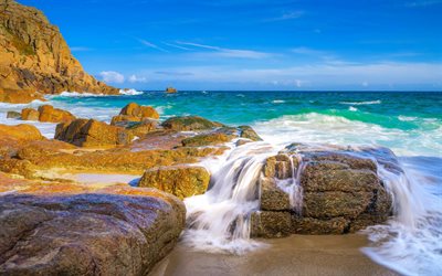Atlantic Ocean, coast, rocks, waves, storm, Cornwall, England