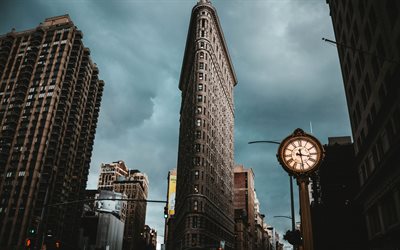 Fuller Rakennus, 4k, vanha kello, Flatiron Building, New York City, USA, Amerikassa, NYC, Manhattan, New York