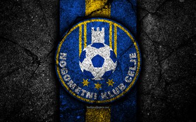 Celje FC, 4k, logo, PrvaLiga, futbol, siyah taş, Slovenya, NK Celje, asfalt doku, Slovenya Futbol Kul&#252;b&#252; FC Celje