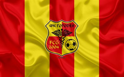 FC Gorodeya, 4k, silk texture, logo, Belarusian football club, red yellow silk flag, fabric art, Belarusian Premier League, Gorodeya, Belarus, football, creative art