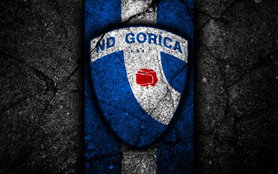 Gorica FC, 4k, logo, PrvaLiga, football, soccer, black stone, Slovenia, NK Gorica, asphalt texture, Slovenian football club, FC Gorica
