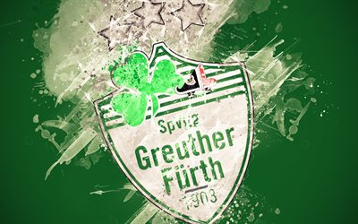 SpVgg Greuther Furth, 4k, الطلاء الفن, شعار, الإبداعية, فريق كرة القدم الألمانية, الدوري الالماني 2, خلفية خضراء, أسلوب الجرونج, فورث, ألمانيا, كرة القدم