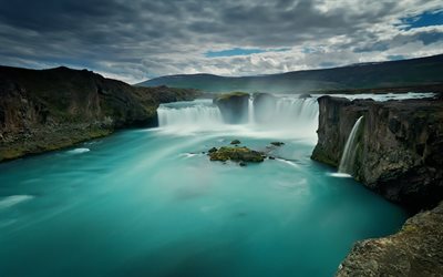 Godafoss, acantilados, Island&#233;s monumentos, cascada, Islandia, Europa