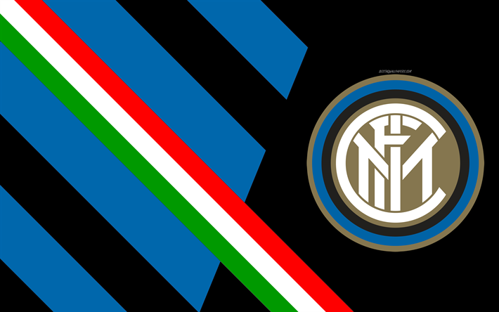 Inter Milan FC, Internationella FC, 4k, Italiensk fotboll club, logotyp, 2D-art, bl&#229; bakgrund, emblem, Serie A, Italien, Milano, Flaggan i Italien, fotboll