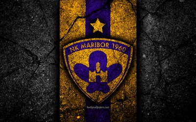 Maribor FC, 4k, logo, PrvaLiga, futebol, pedra preta, Eslov&#233;nia, O NK Maribor, a textura do asfalto, Esloveno futebol clube, FC Maribor