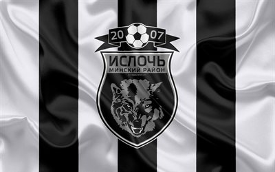FC Isloch Minsk Raion, 4k, silkki tekstuuri, logo, Valko-ven&#228;j&#228;n football club, musta ja valkoinen silkki lippu, kangas art, Valko-Ven&#228;j&#228;n Premier League, Minsk, Valko-ven&#228;j&#228;, jalkapallo, creative art
