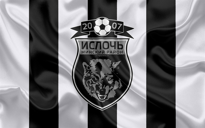 FC İsloch Minsk Raion, 4k, ipek doku, logo, Belarus Futbol Kul&#252;b&#252;, siyah ve beyaz ipek bayrak, kumaş sanat, Belarus Premier Ligi, Minsk, Belarus, futbol, yaratıcı sanat