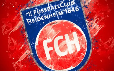 FC Heidenheim 1846, 4k, peinture d&#39;art, le logo, la cr&#233;ativit&#233;, l&#39;allemand de l&#39;&#233;quipe de football, de la Bundesliga 2, embl&#232;me, fond rouge, style grunge, Heidenheim, Allemagne, football