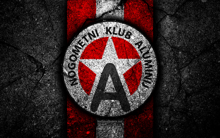 Aluminij FC, 4k, logo, PrvaLiga, futbol, siyah taş, Slovenya, NK Aluminij, asfalt doku, Slovenya Futbol Kul&#252;b&#252; FC Aluminij