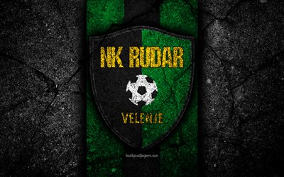 Rudar Velenje FC, 4k, logo, PrvaLiga, calcio, pietra nera, Slovenia, NK Rudar Velenje, asfalto texture, Sloveno football club, FC Rudar Velenje