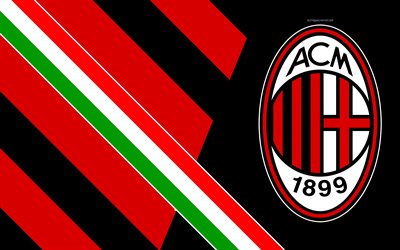 AC Milan, 4k, il calcio italiano di club, logo, 2 &#176; arte, sfondo rosso, simbolo, Serie A, Italia, Milano, Bandiera dell&#39;Italia, il calcio