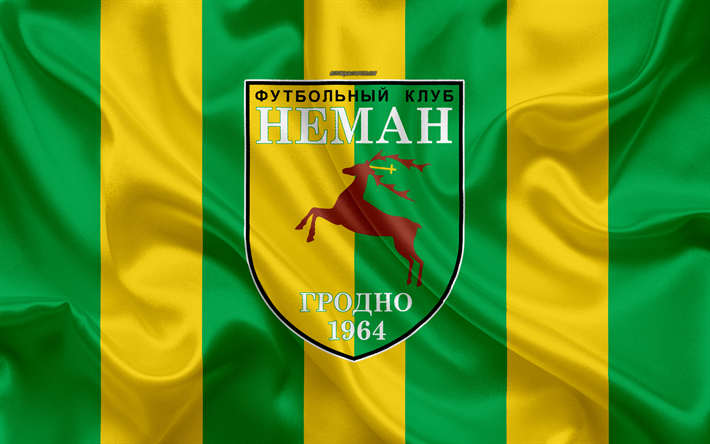 FC Neman Grodno, 4k, silk texture, logo, Belarusian football club, green yellow silk flag, fabric art, Belarusian Premier League, Grodno, Belarus, football, creative art
