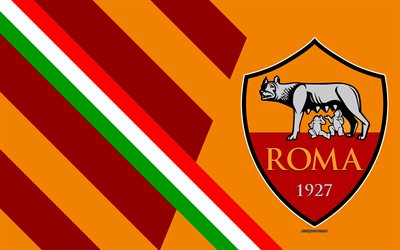 As Roma, 4k, Italiano de futebol do clube, logo, abstra&#231;&#227;o, fundo laranja, emblema, Serie A, It&#225;lia, Roma, Bandeira da It&#225;lia, futebol
