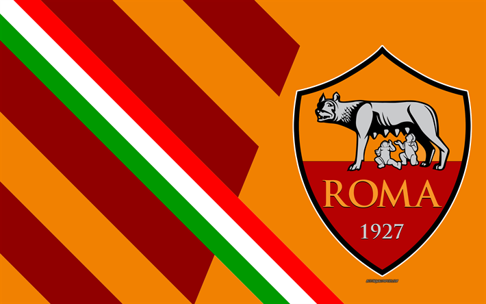 COMO Roma, 4k, italiano, club de f&#250;tbol, el logotipo, la abstracci&#243;n, el fondo de color naranja, con el emblema de la Serie a, Italia, Roma, la Bandera de Italia, el f&#250;tbol