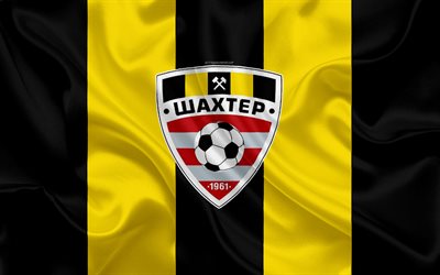 Shakhtyor Soligorsk FC, 4k, siden konsistens, logotyp, Vitryska football club, black silk flag, tyg konst, Vitryska Premier League, Soligorsk, Vitryssland, fotboll, kreativ konst